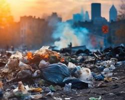 Image of city skyline with a giant pile of garbage in the foreground
