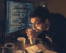 Image of developer working on a laptop surrounded by code and a cup of coffee