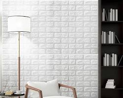 Image of Scandinavian living room with 3D white brick wallpaper
