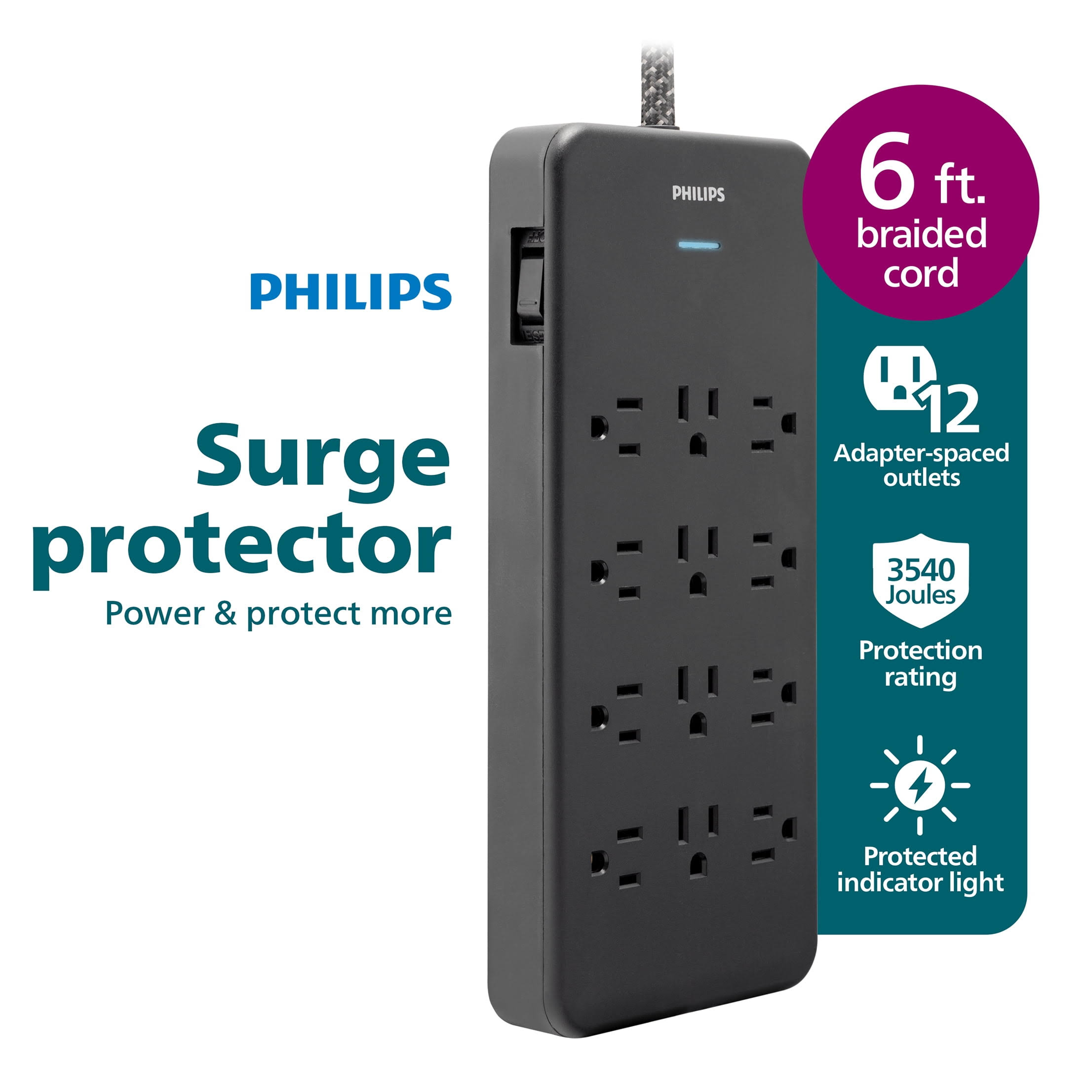Philips Surge Protector 12 Outlet Adapter-Spaced