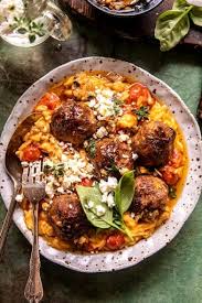 Crockpot Greek Chicken Meatballs with Creamy Tomato Orzo
