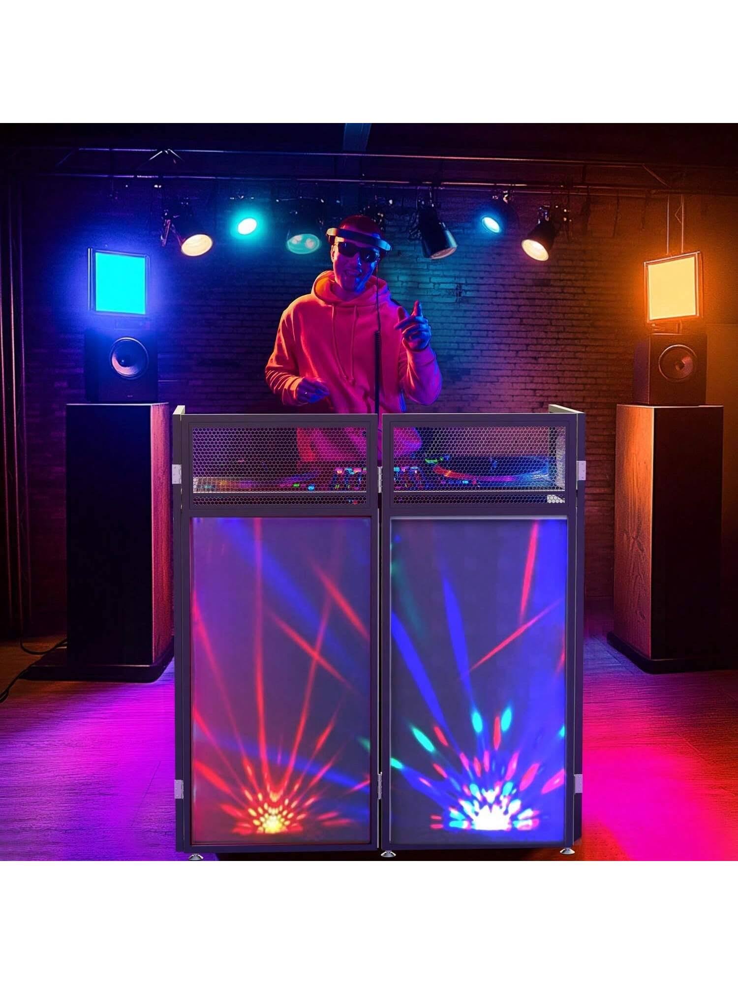 GCCSJ DJ Table,Portable DJ Booth Table Station 44"X42.2"X20.6", Foldable Metal Frame DJ Facade With Black & White Scrims, Detachable 40"X20" DJ Table,