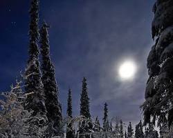 Image of full moon shining on a snowcovered landscape