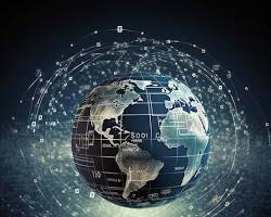 Image of globe with digital currency symbols flowing around it