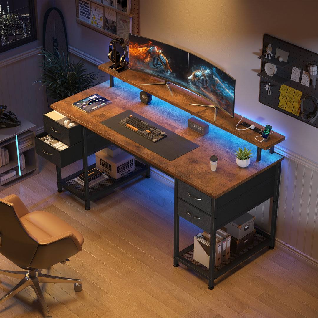 47"W Computer Desk With Charging Station & Led Lights,Office Desk With 4 Fabric Drawers & 2 Storage Shelves Wrought Studio Color (Top/Frame): Brown/