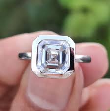 Asscher Cut VVS1 Moissanite Bezel Set Engagement Ring In 14K White Gold Plated | eBay