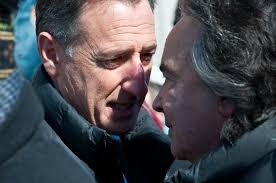 Anthony Pollina and Gov. Peter Shumlin share a word outside the Statehouse on Tuesday. Photo by Josh Larkin. - 20110222-taxes