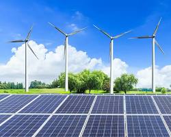 desert landscape with solar panels and wind turbines in the background