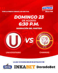 🔵🔴⚽ ¡Hoy, domingo 23 de agosto en #RadioExitosa! A partir de las 6:00 p.m., no te pierdas la previa y narración del partido Universitario de Deportes vs. Chankas CYC, desde el Estadio Monumental, correspondiente a la fecha 6 del Torneo Clausura de la Li