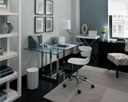 Image of modern office with a white, gray, and blue color scheme