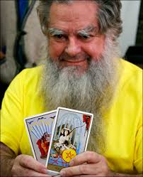 Tarot predictions: Professor Antonio Vazquez Alba, also known as Mexico&#39;s Grand Warlock, holds up Tarot cards ... - 080104_p18_life