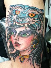 Traditional Panther Girl Head Tattoo On Half Sleeve - traditional-panther-girl-head-tattoo-on-half-sleeve