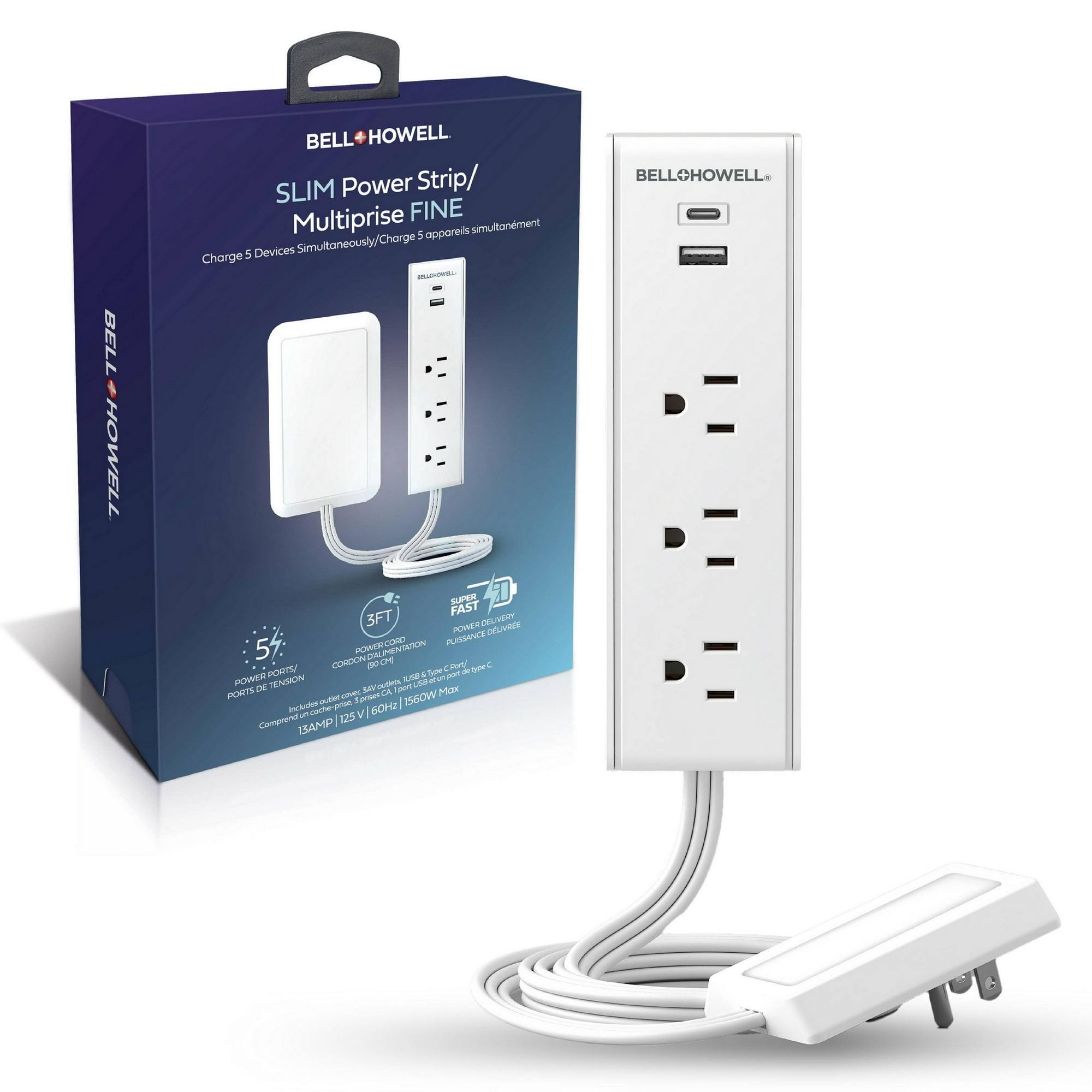 Bell + Howell Slim Multi Power Strip 3-AC Outlets, 1 USB-A and 1 USB-C Ports Charging Extension with Outlet Cover Flat Plug