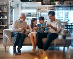 Изображение: multigenerational family gathered in a cozy living room, with an elderly relative comfortably seated and interacting with an AIpowered device, while other family members smile and relax nearby