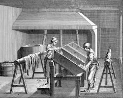 Image of historical painting depicting leather tanning process