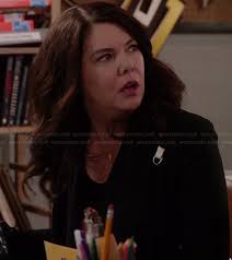 WornOnTV: Sarah&#39;s denim jacket with grey sleeves on Parenthood | Lauren Graham | Clothes and Wardrobe from TV - sarahs-black-jacket-white-loop-detail