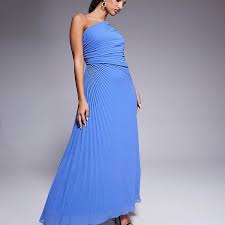 Ever New one shoulder pleated maxi dress in blue | ASOS