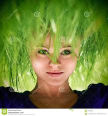 Portrait of attractive young woman with green grass covering hair and face,. MR: YES; PR: NO - woman-green-grass-hair-23099683