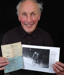 Owen Duffy, a competitive cyclist for 60 years, holds up his professional licence. Photo by Peter McIntosh. Owen Duffy holds the secret of youth. - owen_duffy_a_competitive_cyclist_for_60_years_hold_9454463044