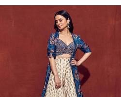 Image of Indowestern lehenga choli with shrug and flared skirt