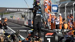 Lando Norris celebrates taking pole position for the Spanish Grand Prix