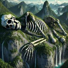 pH๏τorealistic. a giant skeleton lying or leaning on a mountain. this skeleton has been layered with hard rocks and also overgrown with dense trees. become a tropical forest. has camouflaged from the
