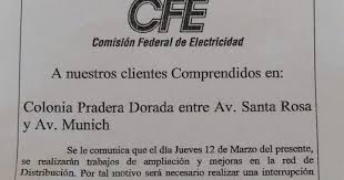 Comisión Federal de Electricidad informa interrupción de energía en Pradera Dorada entre Av. Santa Rosa y Av. Múnich
