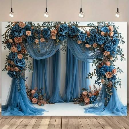 Blue Arch Floral Curtain Wedding Ceremony Backdrop Blue Orange Roses Engagement Bridal Shower Photography Background Drapes for Wedding Decorations