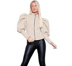Cima Mode Women Puff Shoulder Coat Long Sleeve Bomber Jacket Scuba Cropped Ladies Zip Up Blazer Top : Clothing, Shoes & Jewelry - Amazon.com