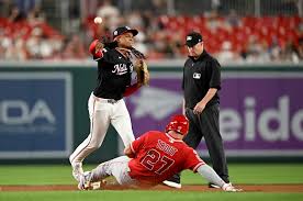 Washington Nationals and Los Angeles Angels players during an MLB game