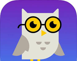 Cartoon owl wearing glasses against a purple background