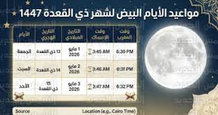 مواعيد الأيام البيض لشهر ذي القعدة 2026 وجدول مواقيت الإمساك
