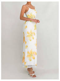 Amazon.com: Milumia Vestido largo de malla con estampado floral y tirantes delgados para mujer, sin espalda, vestido maxi bodycon, Amarillo : Ropa, Zapatos y Joyería