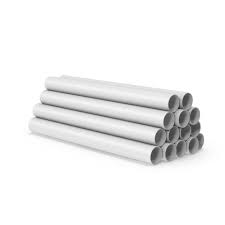 Pvc pipes stacked in warehouse. a series of white tubes on ...