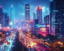 Image of bustling city skyline with neon lights and skyscrapers