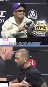 Joshua Van and Alexandre Pantoja face off at the UFC 331 press conference
