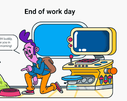 person turning off their work computer and putting their phone away at the end of the workday.