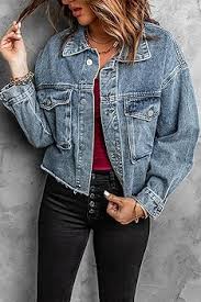 SELINK Denim Jean Jacket for Women Casual Elastic Hemline Acid Wash Denim Jacket Full Sleeve Turn-Down Collar Jean Coat - Product from Amazon.com