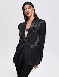 BELLA BARNETT Women's Oversized V-Neck Blazer Jackets Satin Long Sleeve Open Front Casual Work Cardigan Jacket with Pockets Black at Amazon Women's Clothing store - Product from Amazon.com