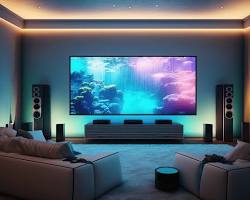 Изображение: family relaxing in their living room, listening to music on a multiroom audio system controlled by AI