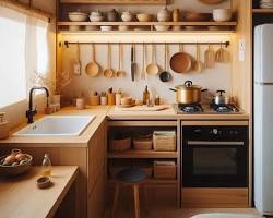 Gambar Dapur estetik minimalis Japandi dengan elemen kayu dan bambu