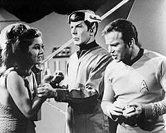 Star Trek original series 1966 William Shatner Captain Kirk Leonard Nimoy Spock DeForest Kelley McCoy USS Enterprise bridge 1960s NBC television stills, AI generated
