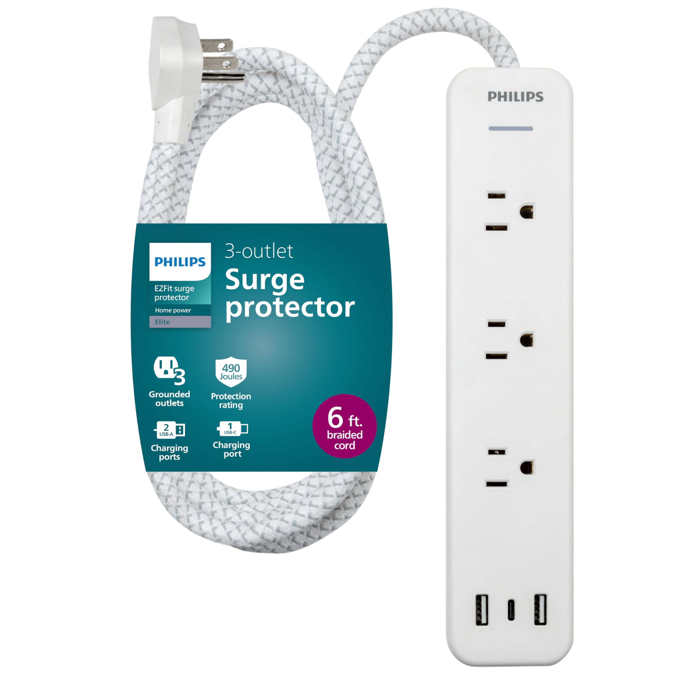 Philips Surge Protector 6ft 3-Outlets USB-A USB-C 490 Joules