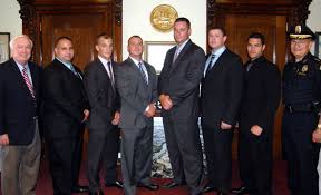Pictured below, left to right: Mayor Michael J McGlynn, Bryan Sebastian, James Grubb, III, Thomas Mattos, Matthew Martin, Richard Ziobro, Igor Tomaz, ... - police-recruits-7.18.13