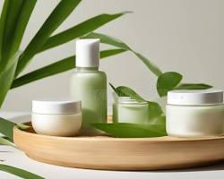 premium organic skincare products on a wooden tray with green leaves and sunlight luxury botanical pharmacy aesthetic, AI generated