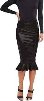 Faux Latex Hobble Skirts for Women Shiny PU Leather Ruffles Midi Skirts Stretchy Bodycon Long Skirt Black S : Clothing, Shoes & Jewelry - Amazon.com - Product from Amazon.com