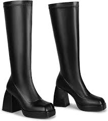 Amazon.com | Yallmay Women's Platform Boots Knee High Boots Stretchy Square Toe Pull On Chunky Block Heel 5cm Retro Go Go Boots for Party, Dance, Costume | Knee-High