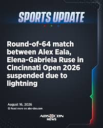 The match between Alex Eala and Elena-Gabriela Ruse in the Cincinnati Open 2026 has been suspended due to lightning as dark clouds are visible in the Tony Trabert Stadium 3 in Mason, Ohio, USA. The Filipina tennis ace leads the second set against Rus