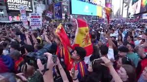 Licensable video: Spanish fans gather in Times Square to celebrate 2026 FIFA World Cup championship