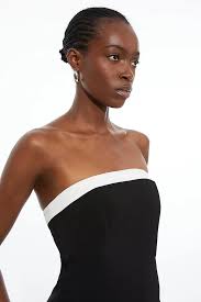 The Founder Petite Compact Stretch Viscose Tailored Contrast Detail Bandeau Midi Dress | Karen Millen